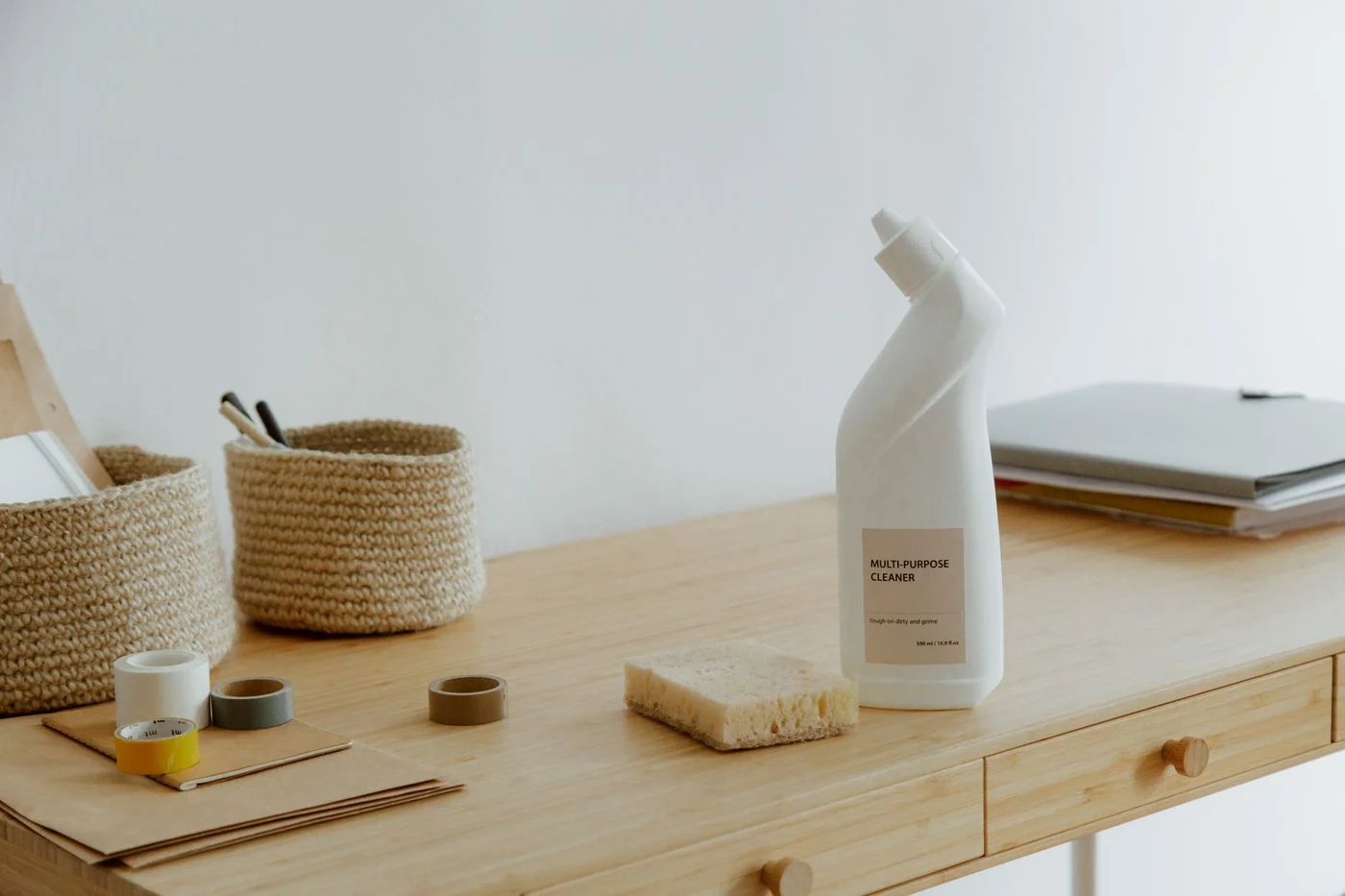 Cleaning supplies on an organized office desk. — illustrative photograph.